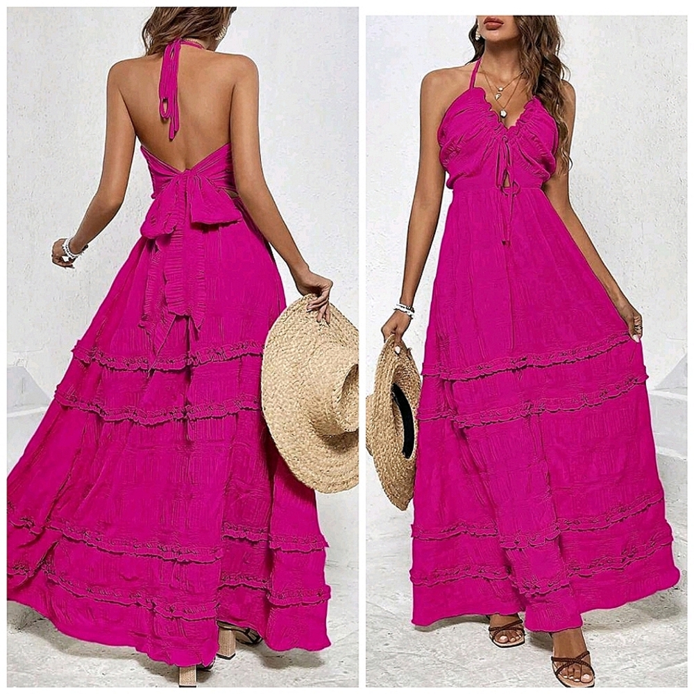 NEW Boho Tie Back Halter Ruffle Maxi Dress Pink